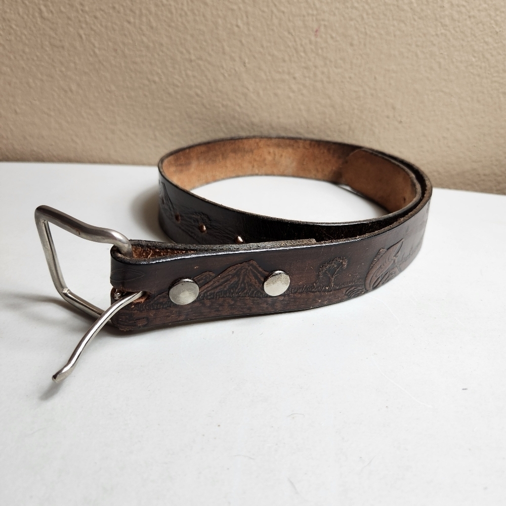 Kids |L/10-12| Brown Leather Fly Fishing Scenery Tooled Embossed Belt